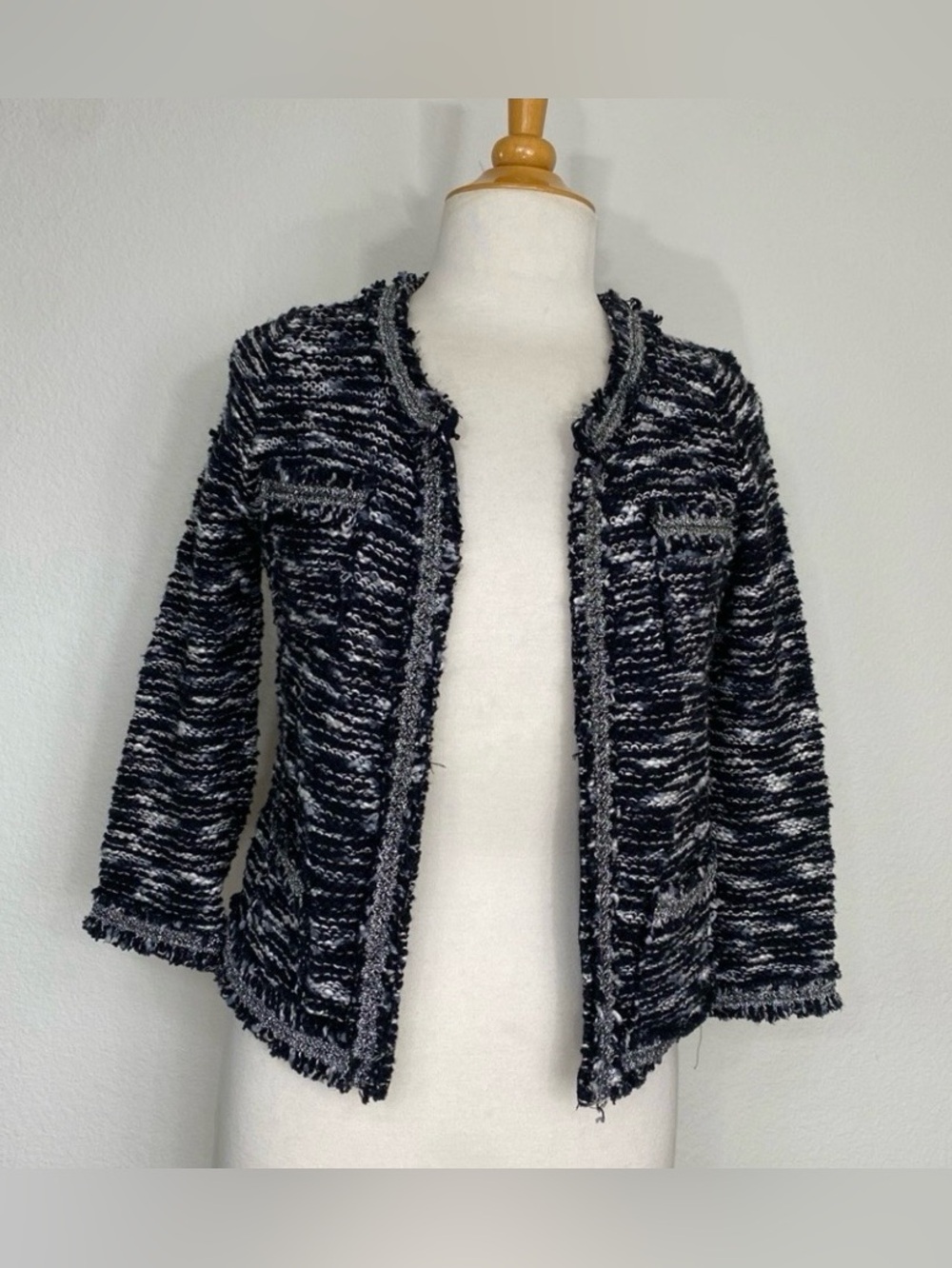Shinestar Juniors Black White Tweed Open Collarless Fringe Knit Cardigan Size S